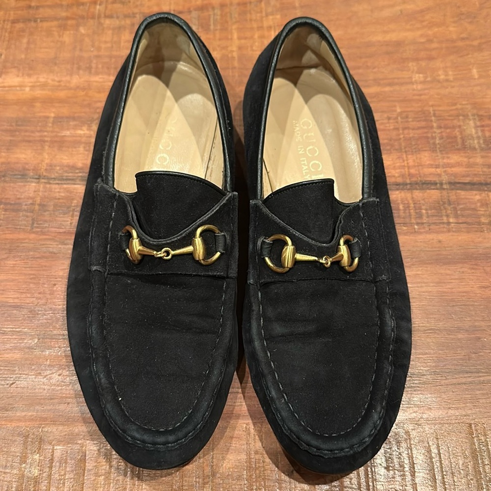 Gucci Black Suede Gold Horsebit Loafers